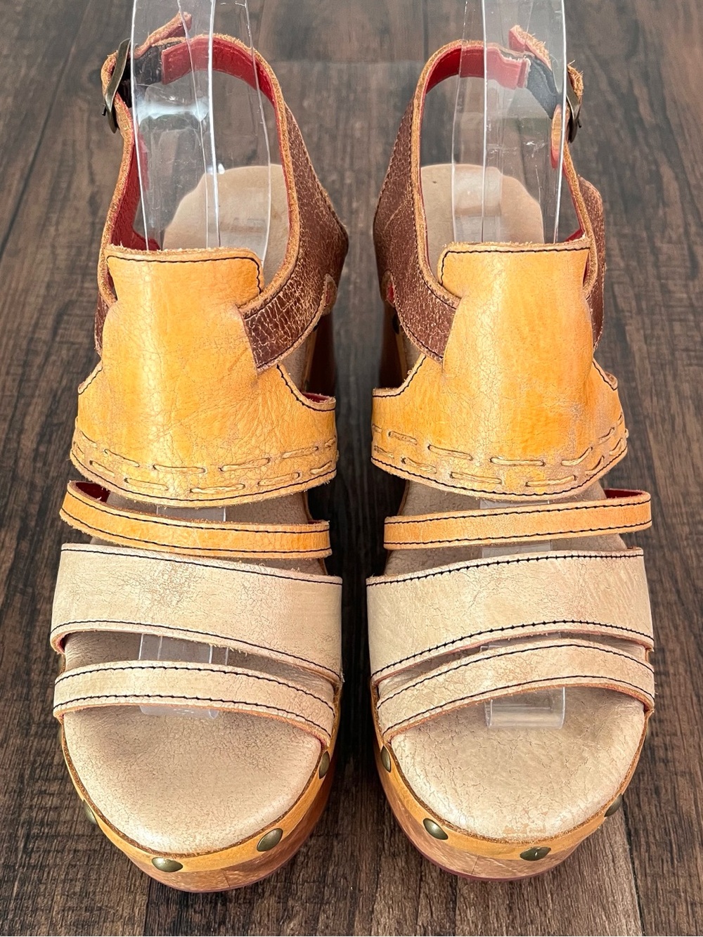 Bed Stu Falabella Leather Platform Sandal Wood Block Heel Studded Size 8.5 Multi - Picture 3 of 16